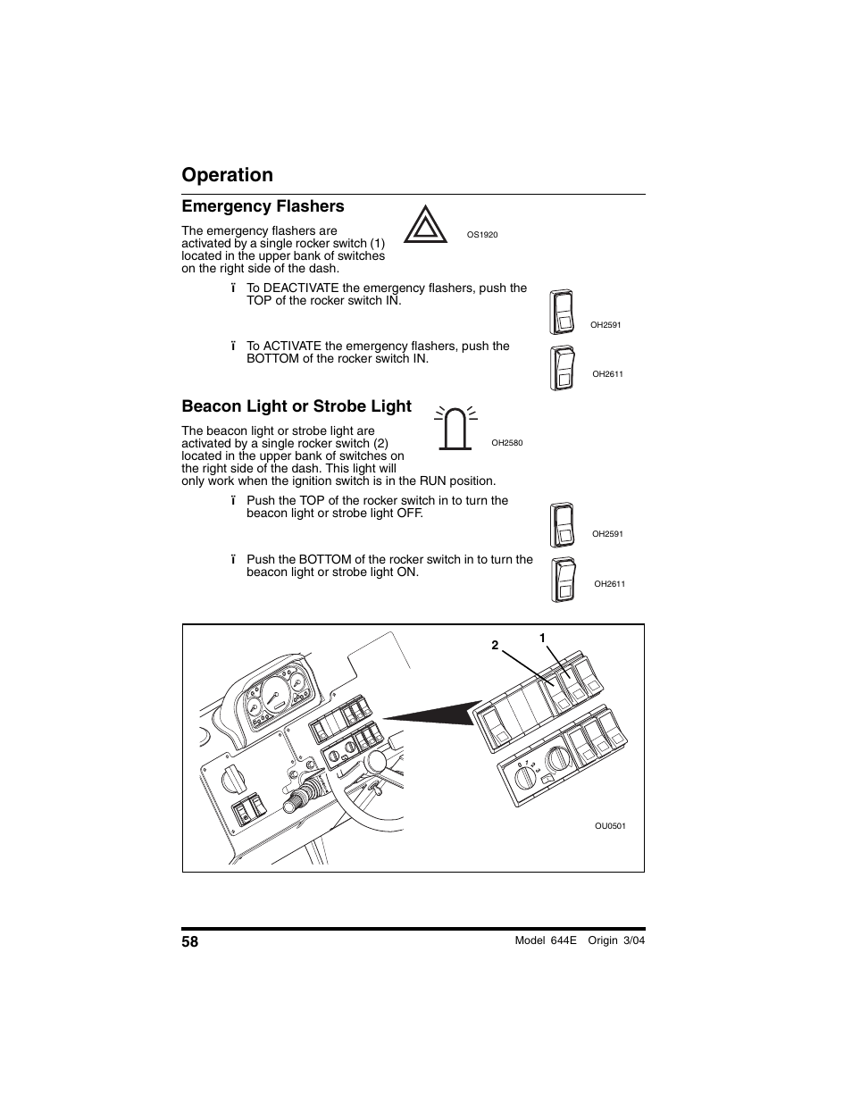 Emergency flashers, Beacon light or strobe light, Operation | Lull 644E-42 Operation Manual User Manual | Page 60 / 200