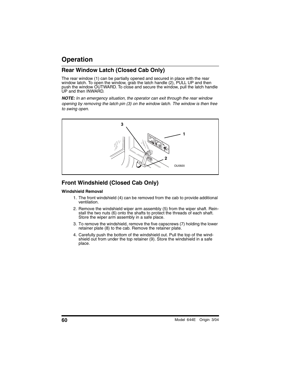 Rear window latch (closed cab only), Front windshield (closed cab only), Operation | Lull 644E-42 Operation Manual User Manual | Page 62 / 200