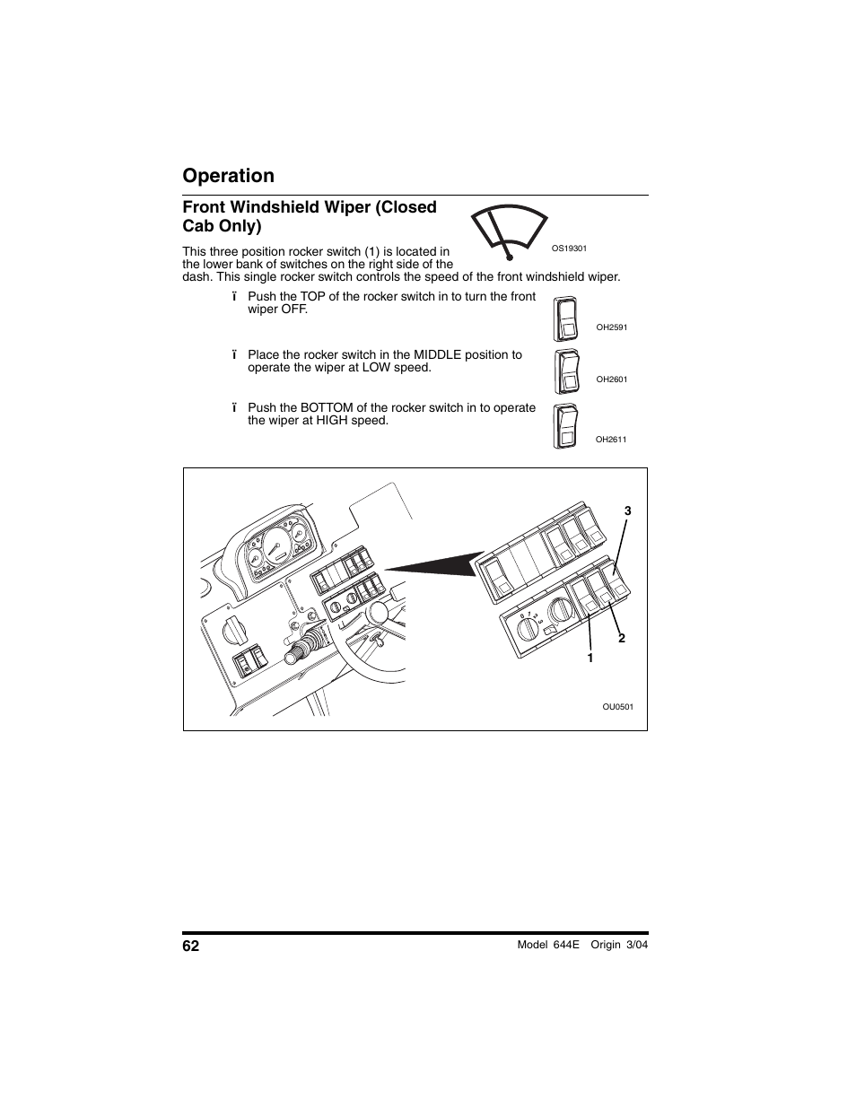 Front windshield wiper (closed cab only), Operation | Lull 644E-42 Operation Manual User Manual | Page 64 / 200