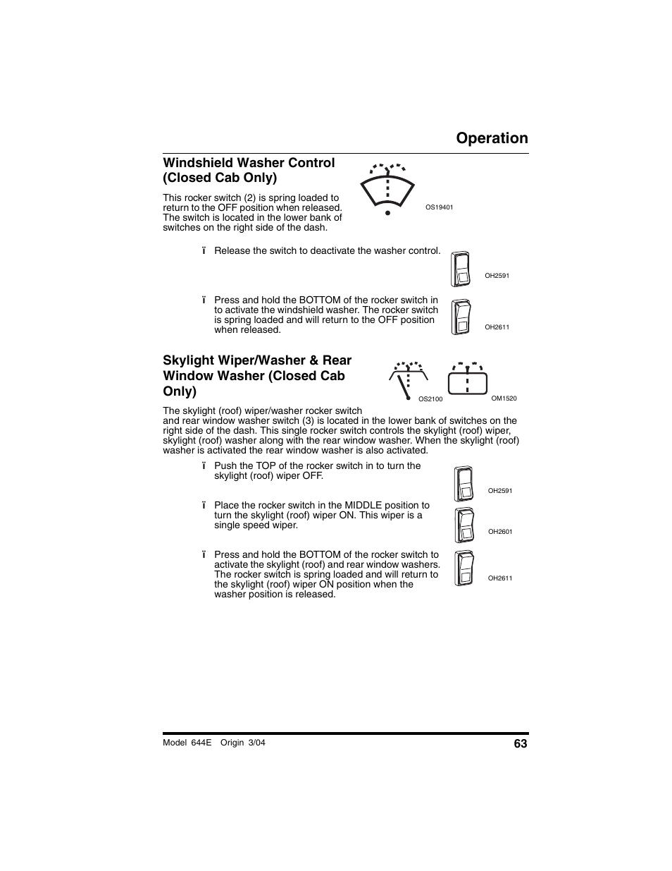 Windshield washer control (closed cab only), Operation | Lull 644E-42 Operation Manual User Manual | Page 65 / 200