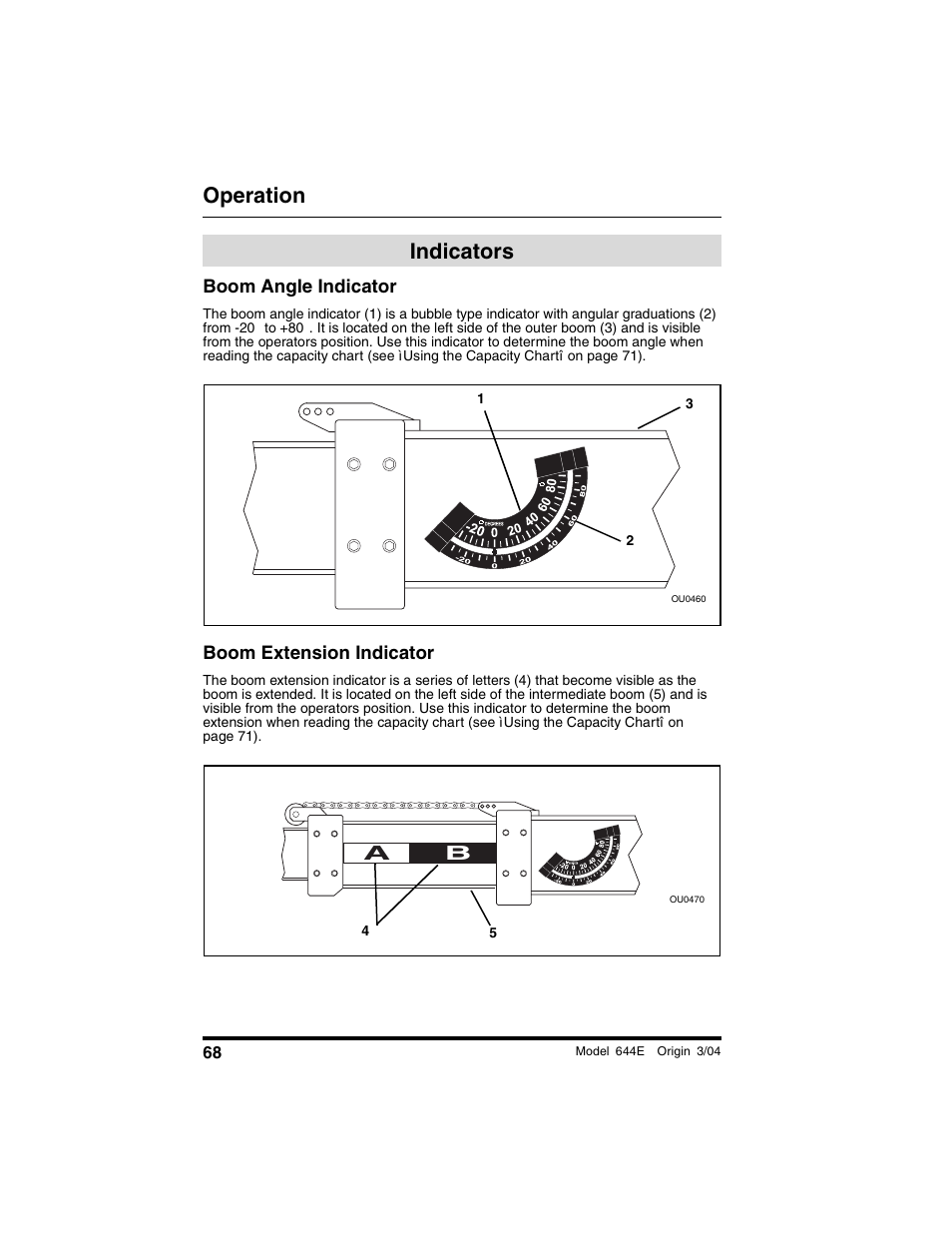 Indicators, Boom angle indicator, Boom extension indicator | Operation | Lull 644E-42 Operation Manual User Manual | Page 70 / 200