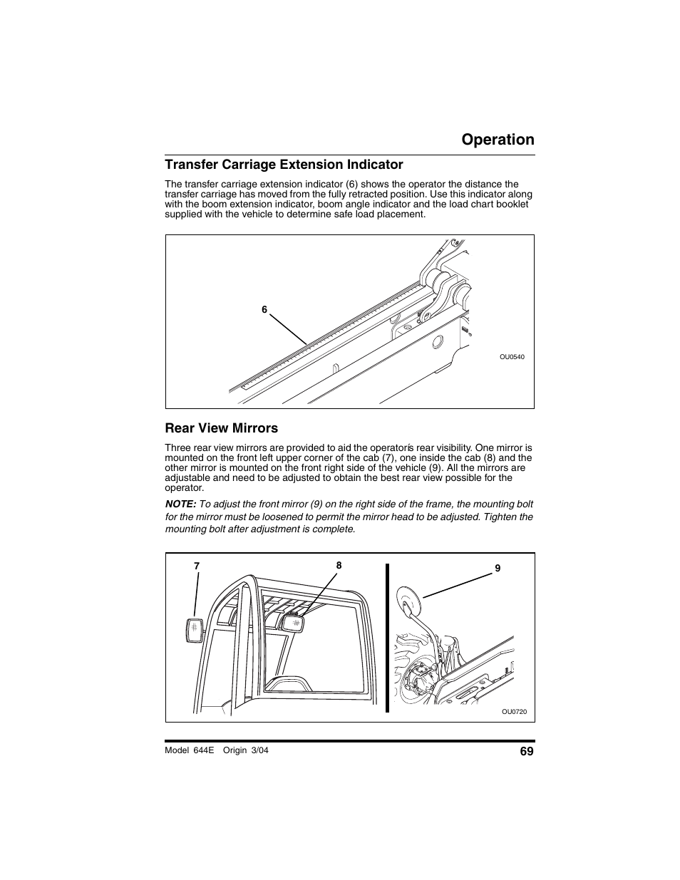 Transfer carriage extension indicator, Rear view mirrors, Operation | Lull 644E-42 Operation Manual User Manual | Page 71 / 200