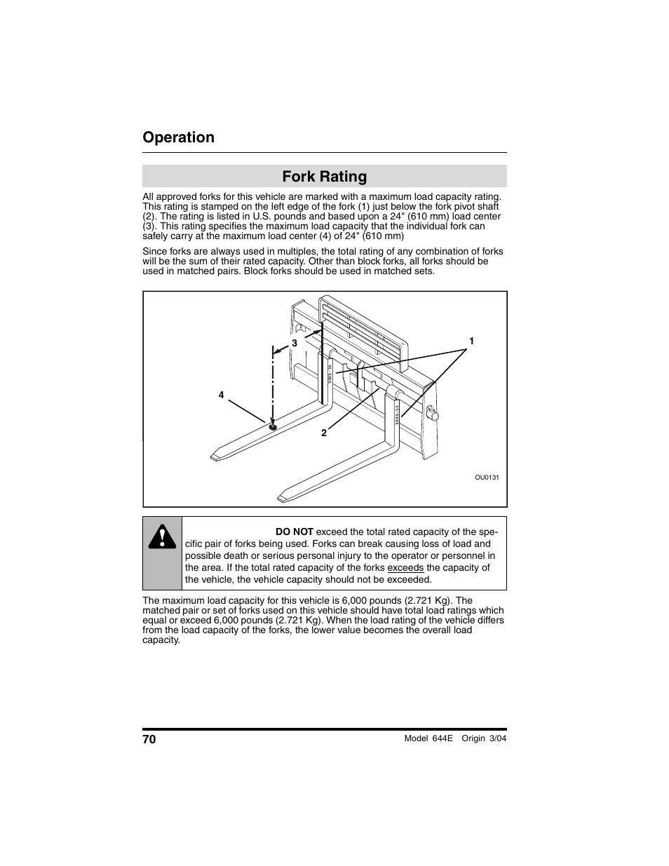 Fork rating, Warning, Operation | Lull 644E-42 Operation Manual User Manual | Page 72 / 200