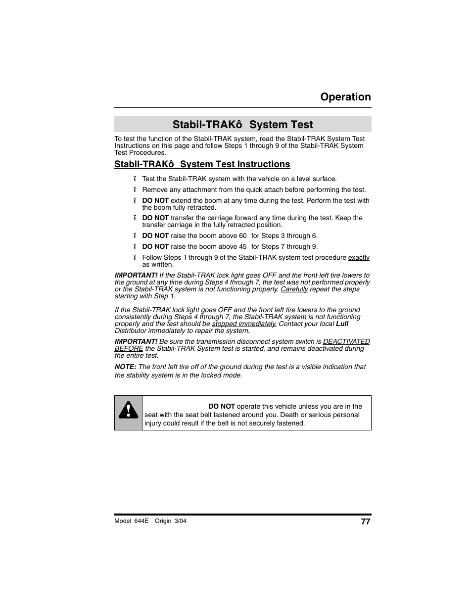 Stabil-trak™ system test, Stabil-trak™ system test instructions, Warning | Operation, Stabil-trakô system test | Lull 644E-42 Operation Manual User Manual | Page 79 / 200