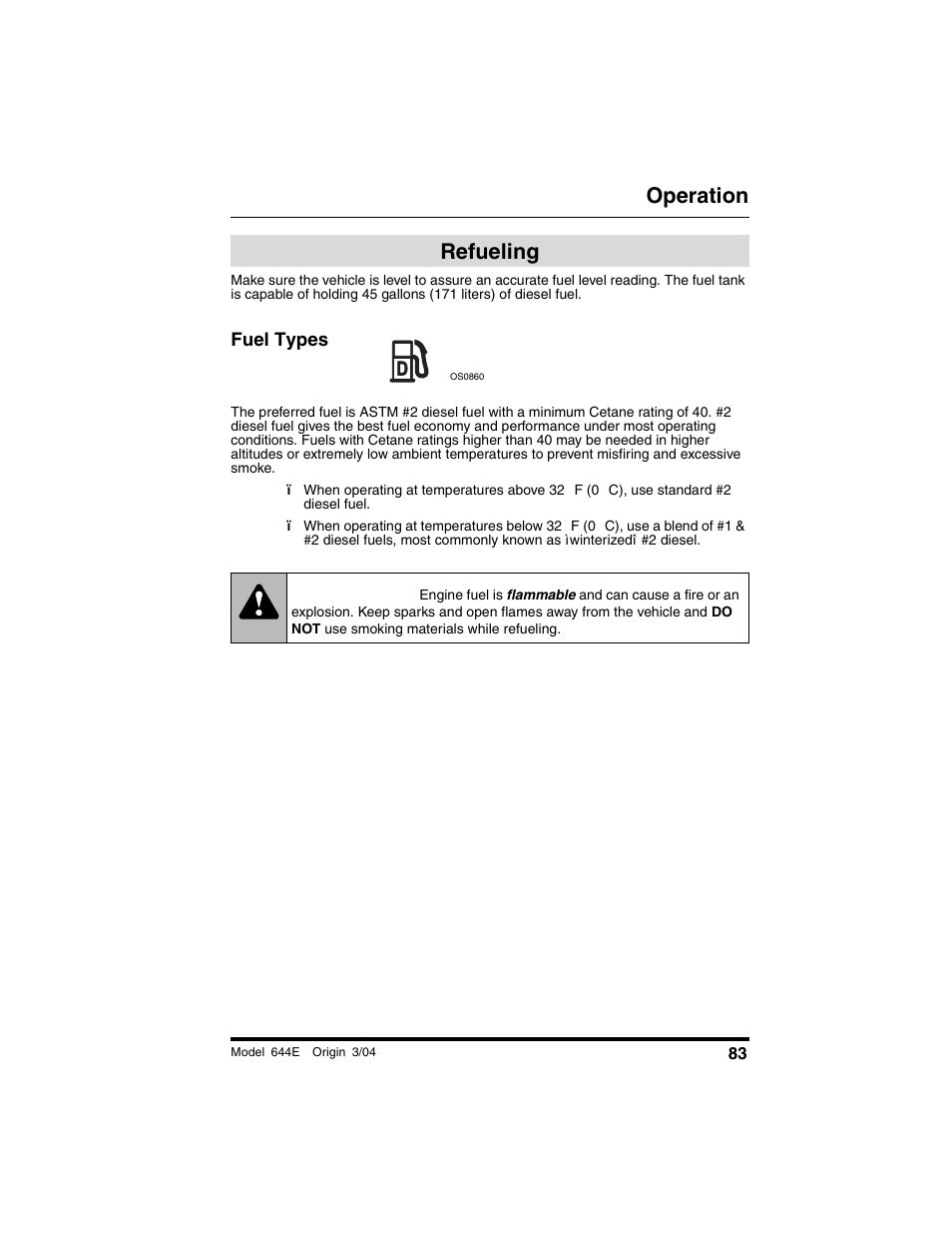 Refueling, Fuel types, Warning | Operation | Lull 644E-42 Operation Manual User Manual | Page 85 / 200