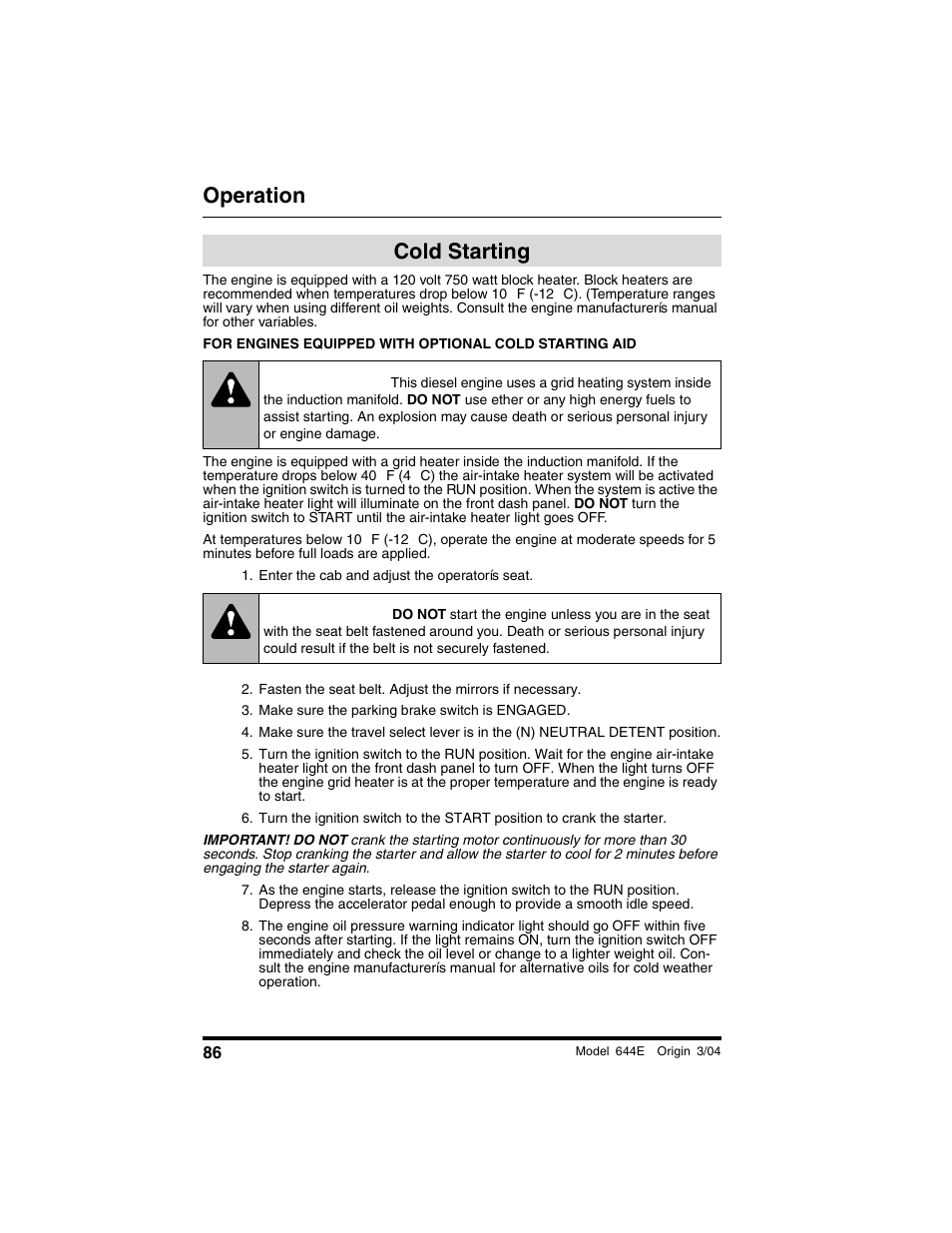 Cold starting, Enter the cab and adjust the operator’s seat, Make sure the parking brake switch is engaged | Warning, Operation | Lull 644E-42 Operation Manual User Manual | Page 88 / 200