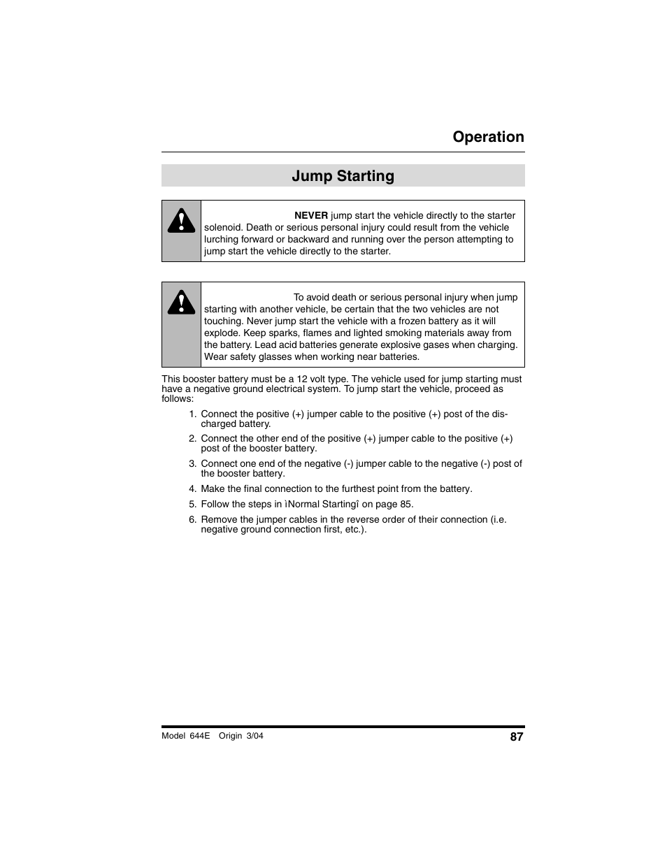 Jump starting, Warning, Operation | Lull 644E-42 Operation Manual User Manual | Page 89 / 200