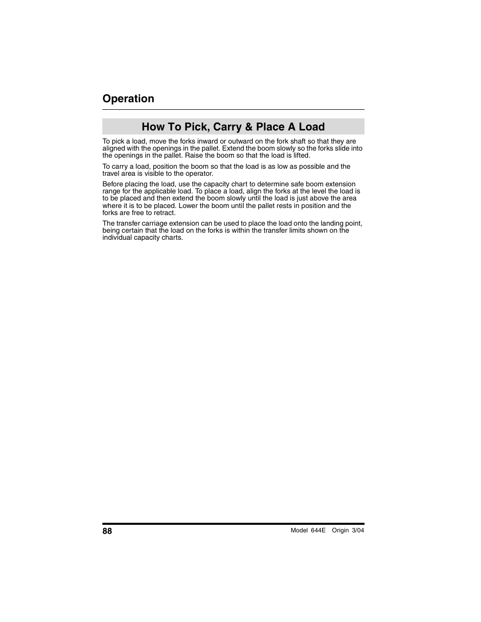 How to pick, carry & place a load, How to pick, carry & place a, Load | Operation | Lull 644E-42 Operation Manual User Manual | Page 90 / 200