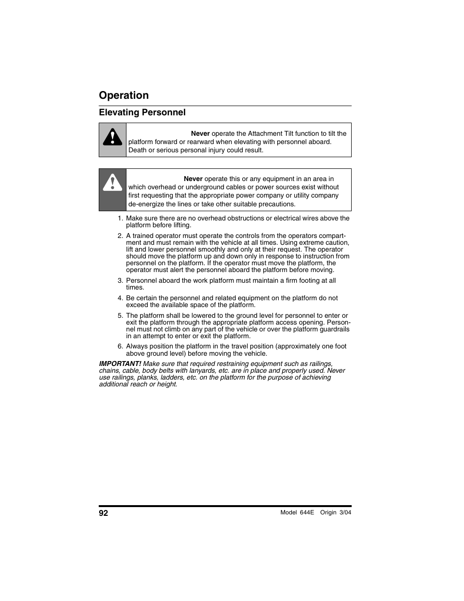 Elevating personnel, Warning, Danger | Operation | Lull 644E-42 Operation Manual User Manual | Page 94 / 200