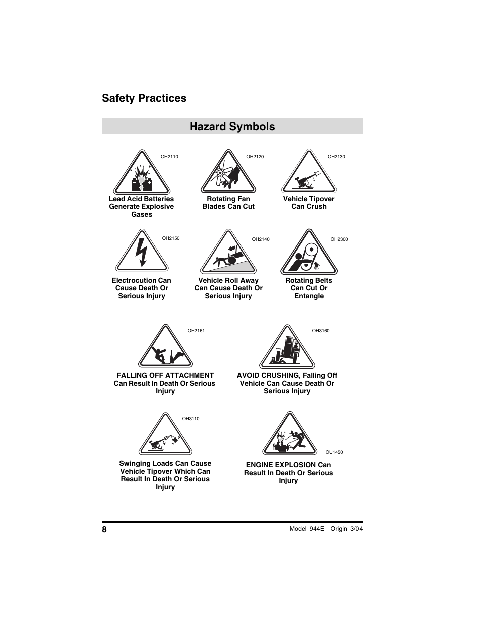 Hazard symbols, Safety practices hazard symbols | Lull 944E-42 Operation Manual User Manual | Page 10 / 200