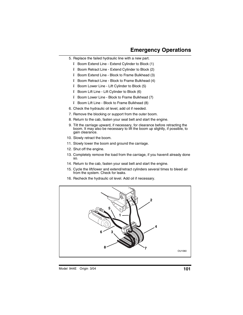 Replace the failed hydraulic line with a new part, Check the hydraulic oil level, add oil if needed, Remove the blocking or support from the outer boom | Slowly retract the boom, Slowly lower the boom and ground the carriage, Shut off the engine, Emergency operations | Lull 944E-42 Operation Manual User Manual | Page 103 / 200