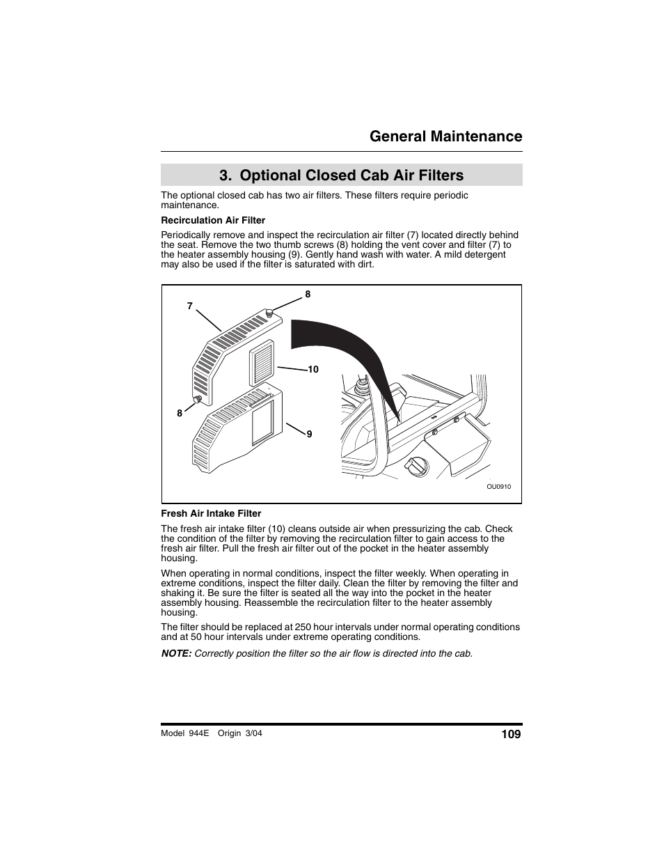  optional closed cab air filters, Optional closed cab air, Filters | General maintenance, Optional closed cab air filters | Lull 944E-42 Operation Manual User Manual | Page 111 / 200