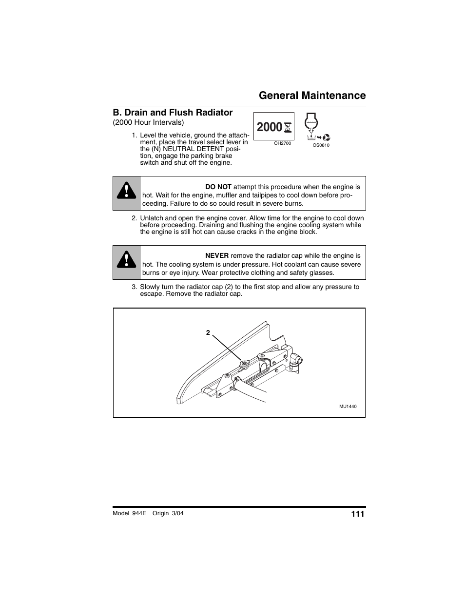 B. drain and flush radiator, 2000 hour intervals), Warning | General maintenance | Lull 944E-42 Operation Manual User Manual | Page 113 / 200