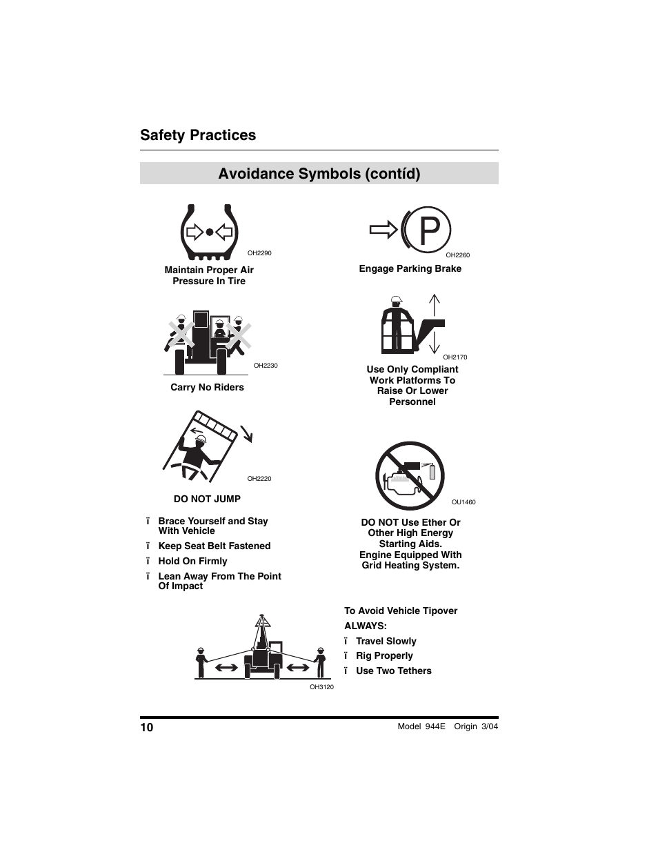 Avoidance symbols (cont’d), Safety practices avoidance symbols (contíd) | Lull 944E-42 Operation Manual User Manual | Page 12 / 200