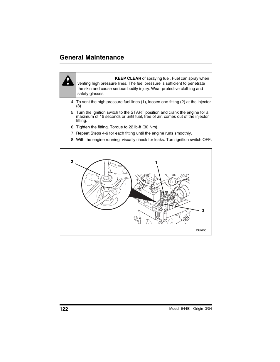 Tighten the fitting. torque to 22 lb-ft (30 nm), Warning, General maintenance | Lull 944E-42 Operation Manual User Manual | Page 124 / 200