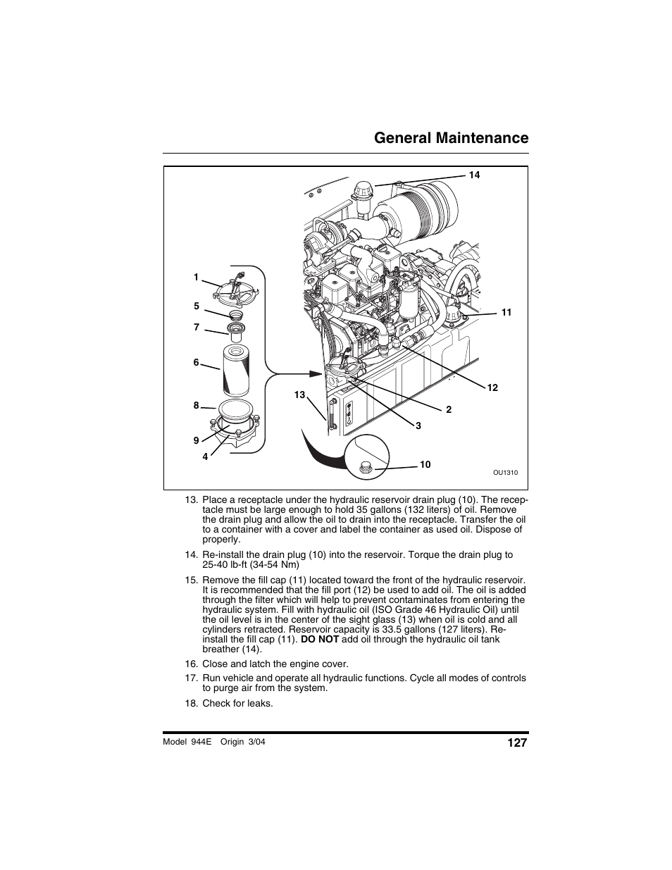 Close and latch the engine cover, Check for leaks, General maintenance | Lull 944E-42 Operation Manual User Manual | Page 129 / 200