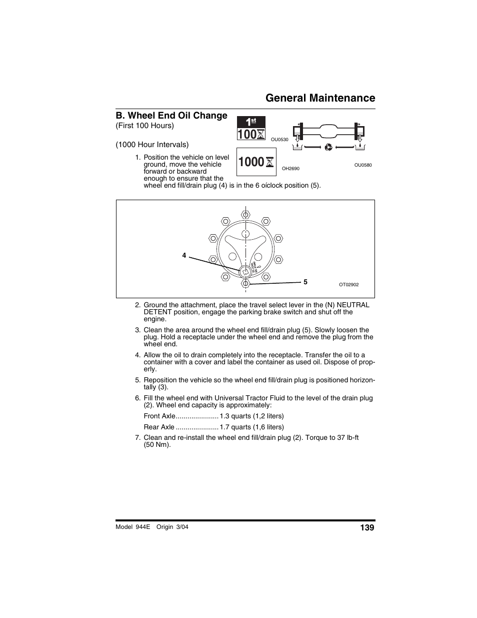 B. wheel end oil change, First 100 hours), 1000 hour intervals) | General maintenance | Lull 944E-42 Operation Manual User Manual | Page 141 / 200