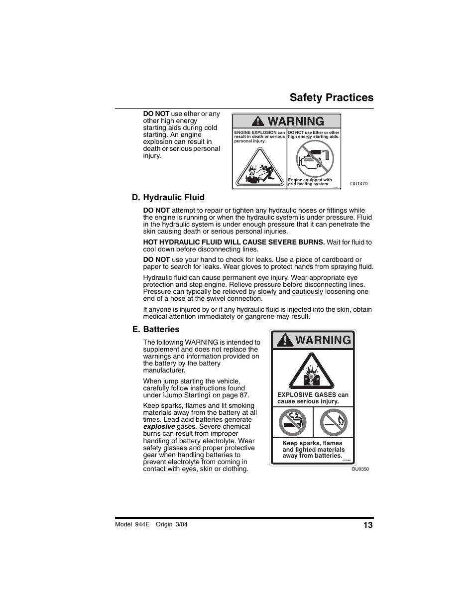 D. hydraulic fluid, E. batteries, Warning | Safety practices | Lull 944E-42 Operation Manual User Manual | Page 15 / 200