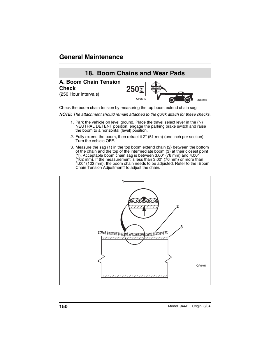  boom chains and wear pads, A. boom chain tension check, 250 hour intervals) | Boom chains and wear, Pads, General maintenance, Boom chains and wear pads | Lull 944E-42 Operation Manual User Manual | Page 152 / 200