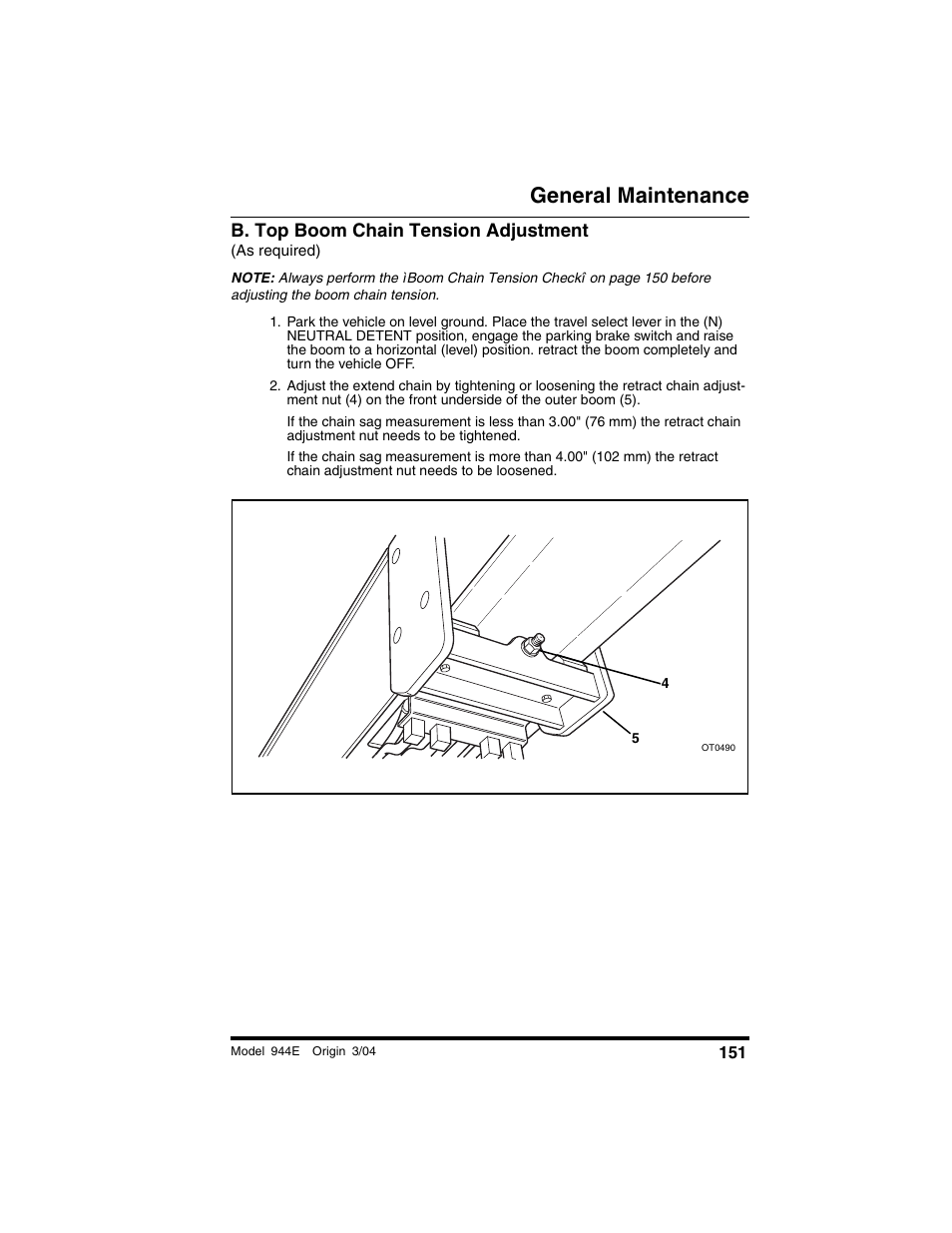 B. top boom chain tension adjustment, As required), General maintenance | Lull 944E-42 Operation Manual User Manual | Page 153 / 200