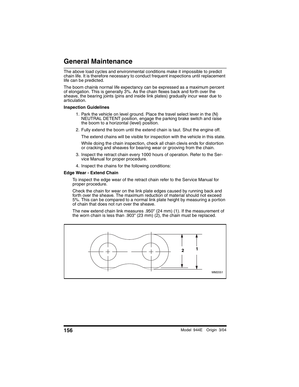 Inspect the chains for the following conditions, General maintenance | Lull 944E-42 Operation Manual User Manual | Page 158 / 200