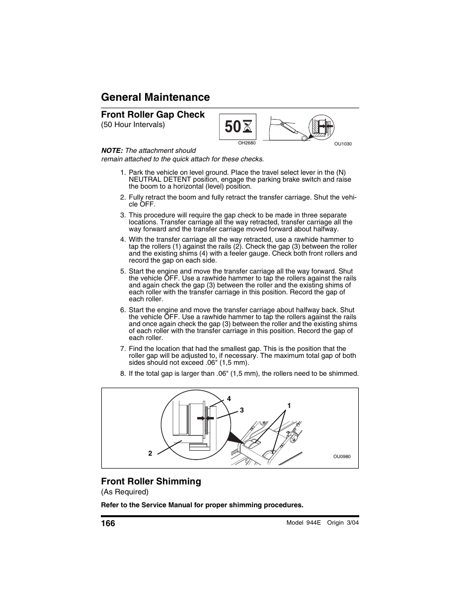 Front roller gap check, 50 hour intervals), Front roller shimming | As required), General maintenance | Lull 944E-42 Operation Manual User Manual | Page 168 / 200