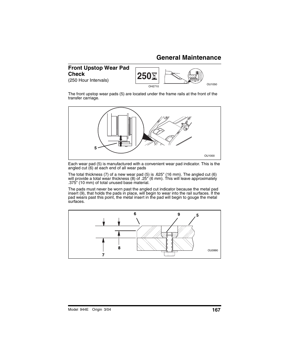 Front upstop wear pad check, 250 hour intervals), General maintenance | Lull 944E-42 Operation Manual User Manual | Page 169 / 200