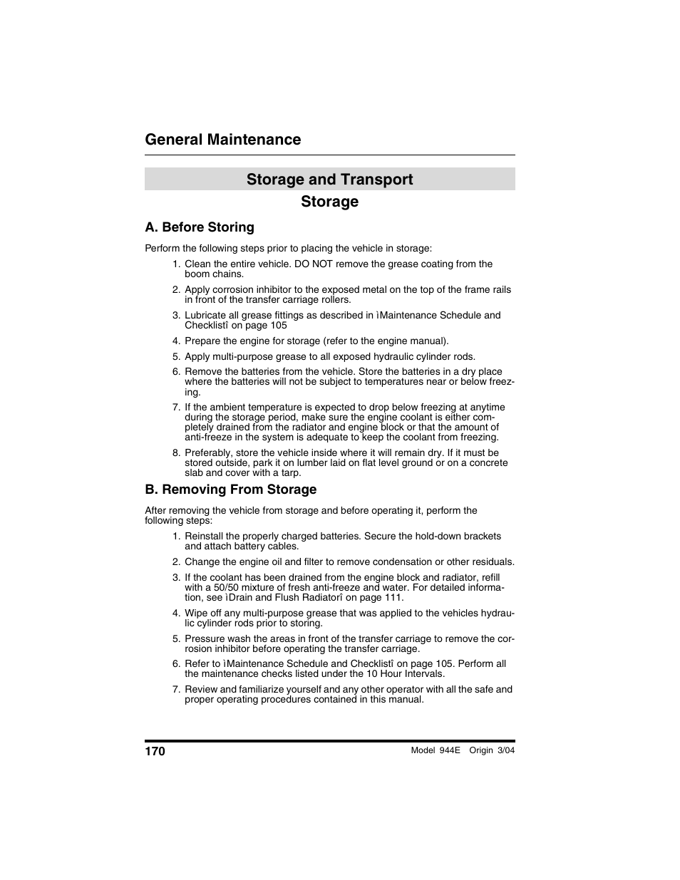 Storage and transport, Storage, A. before storing | B. removing from storage, Storage and transport storage, General maintenance storage | Lull 944E-42 Operation Manual User Manual | Page 172 / 200