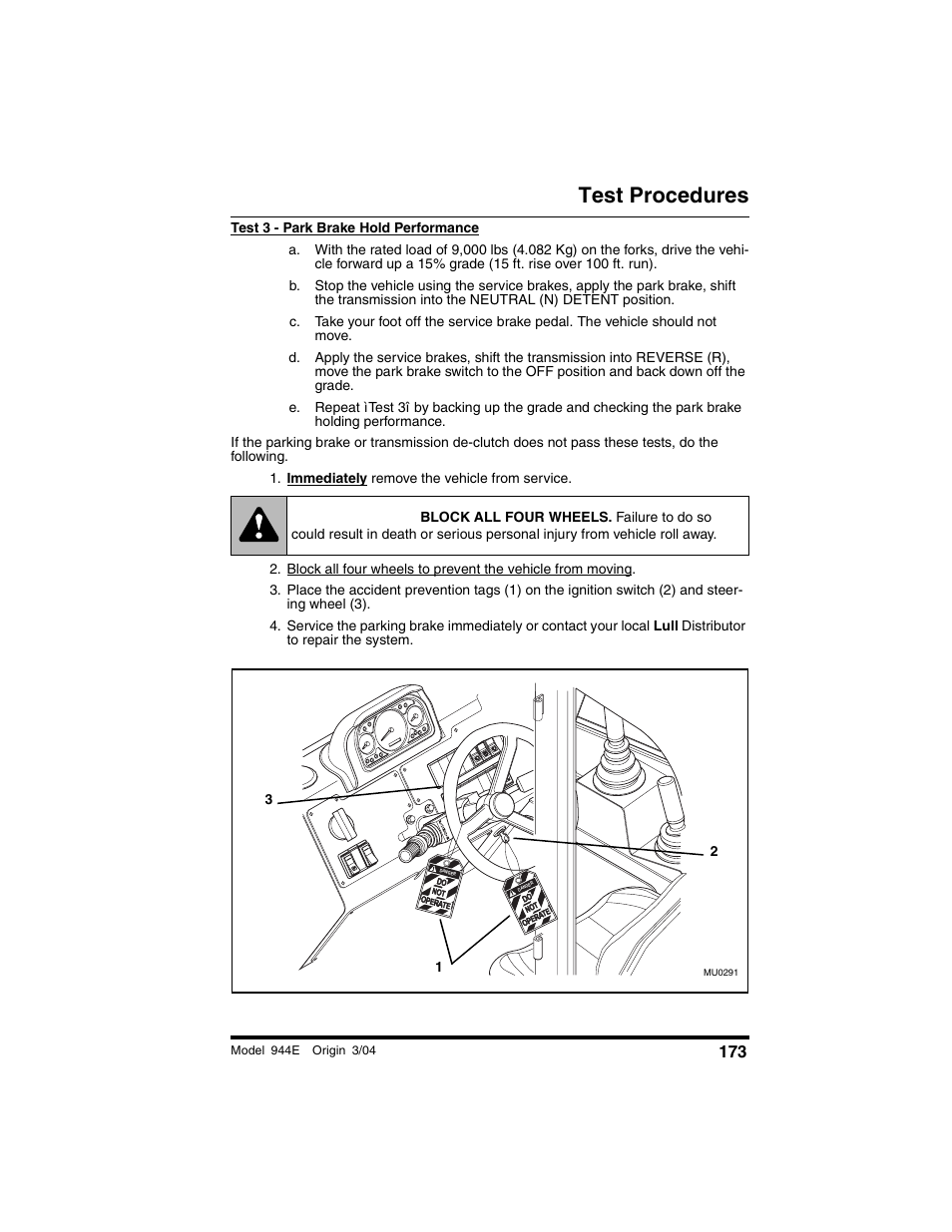 Immediately remove the vehicle from service, Warning, Test procedures | Lull 944E-42 Operation Manual User Manual | Page 175 / 200