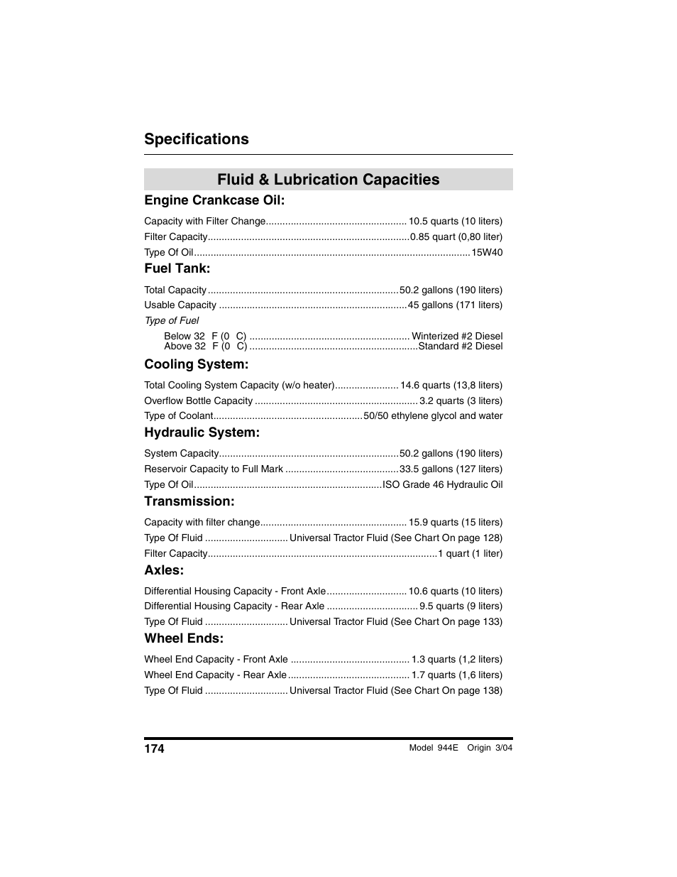 Specifications, Fluid & lubrication capacities, Engine crankcase oil | Fuel tank, Cooling system, Hydraulic system, Transmission, Axles, Wheel ends | Lull 944E-42 Operation Manual User Manual | Page 176 / 200