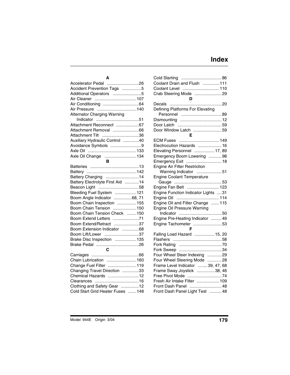 Index | Lull 944E-42 Operation Manual User Manual | Page 181 / 200