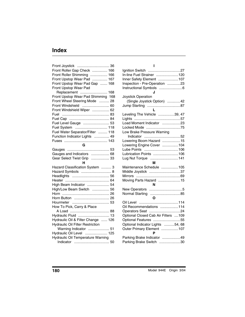 Index | Lull 944E-42 Operation Manual User Manual | Page 182 / 200