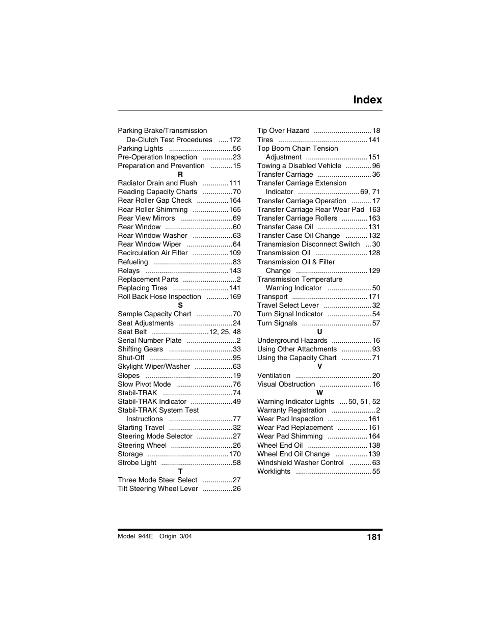 Index | Lull 944E-42 Operation Manual User Manual | Page 183 / 200