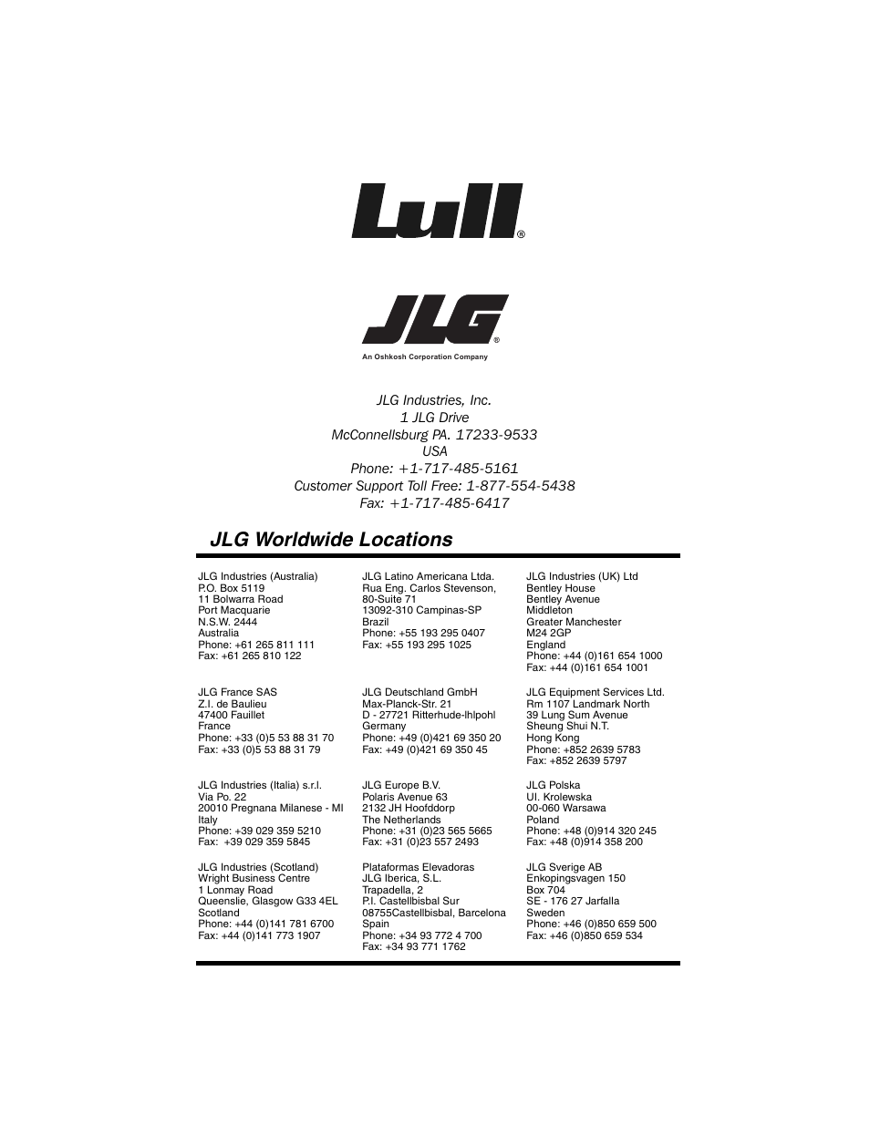 Jlg worldwide locations | Lull 944E-42 Operation Manual User Manual | Page 200 / 200