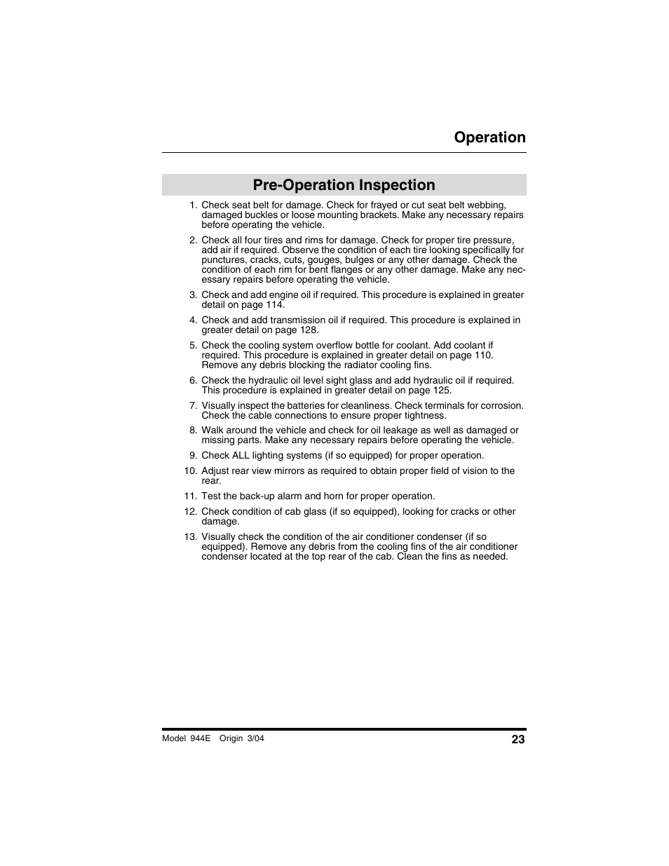 Operation, Pre-operation inspection | Lull 944E-42 Operation Manual User Manual | Page 25 / 200