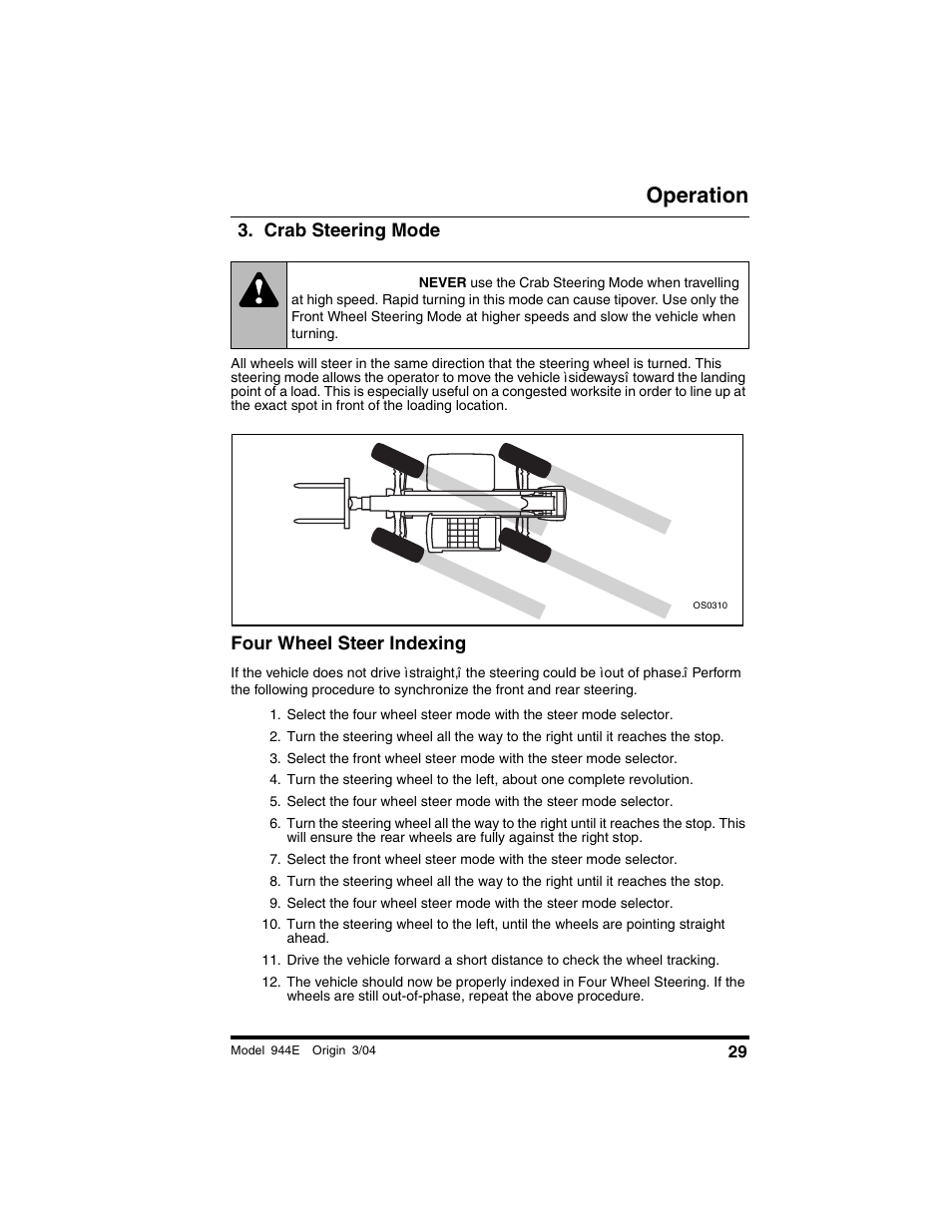 Crab steering mode, Four wheel steer indexing, Warning | Operation | Lull 944E-42 Operation Manual User Manual | Page 31 / 200