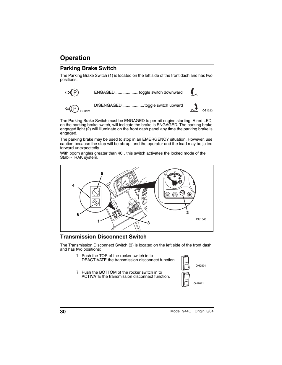 Parking brake switch, Transmission disconnect switch, Operation | Lull 944E-42 Operation Manual User Manual | Page 32 / 200