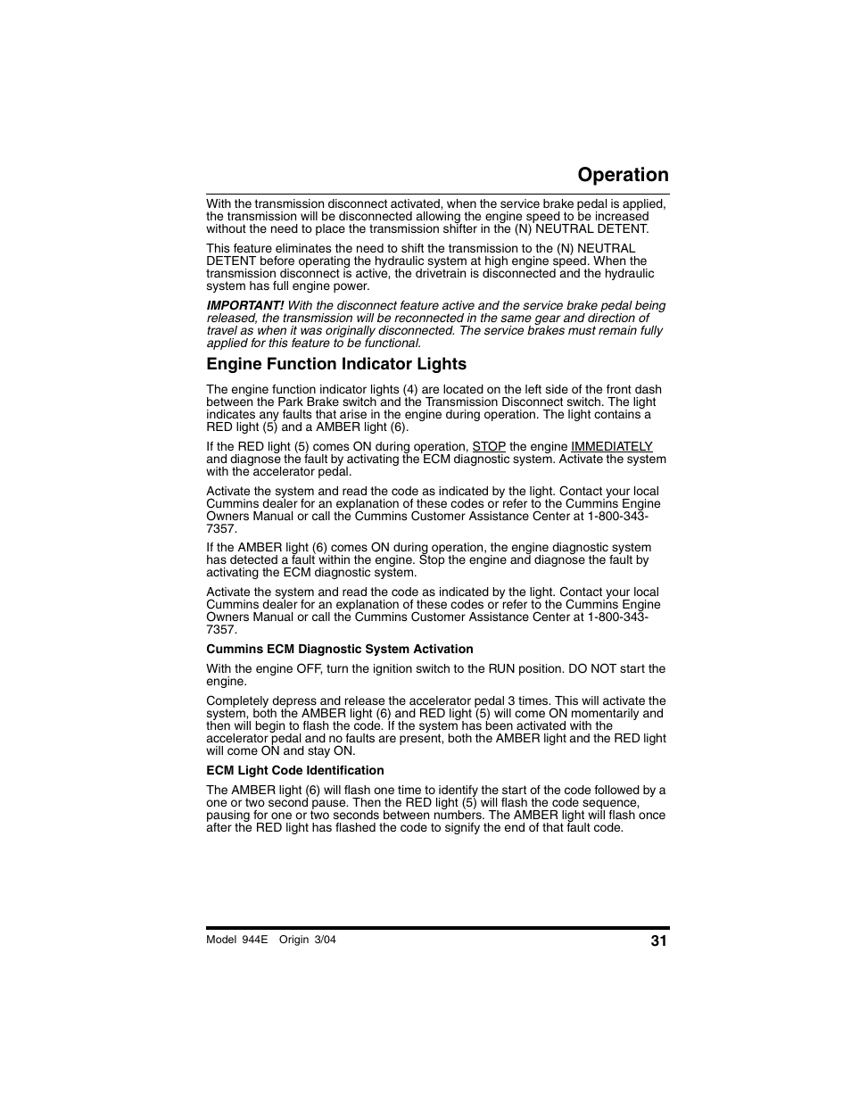 Engine function indicator lights, Operation | Lull 944E-42 Operation Manual User Manual | Page 33 / 200