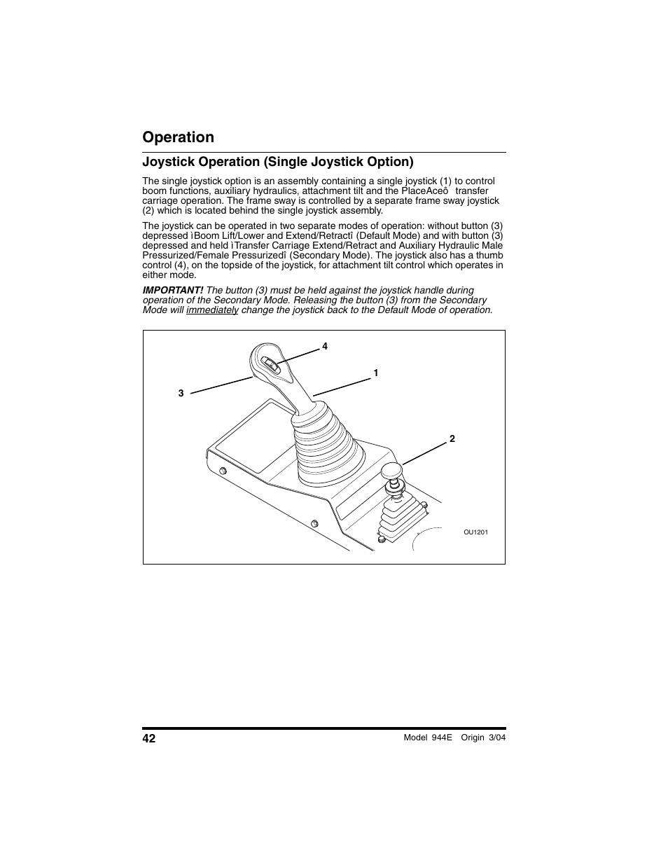 Joystick operation (single joystick option), Operation | Lull 944E-42 Operation Manual User Manual | Page 44 / 200