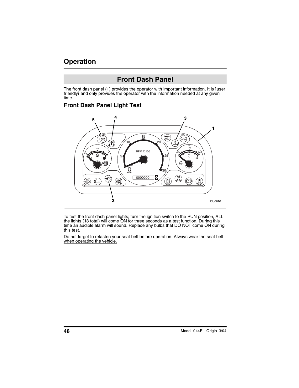 Front dash panel, Front dash panel light test, Operation | Lull 944E-42 Operation Manual User Manual | Page 50 / 200