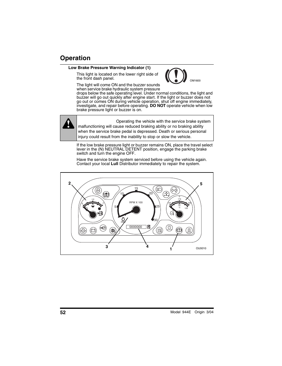 Warning, Operation | Lull 944E-42 Operation Manual User Manual | Page 54 / 200