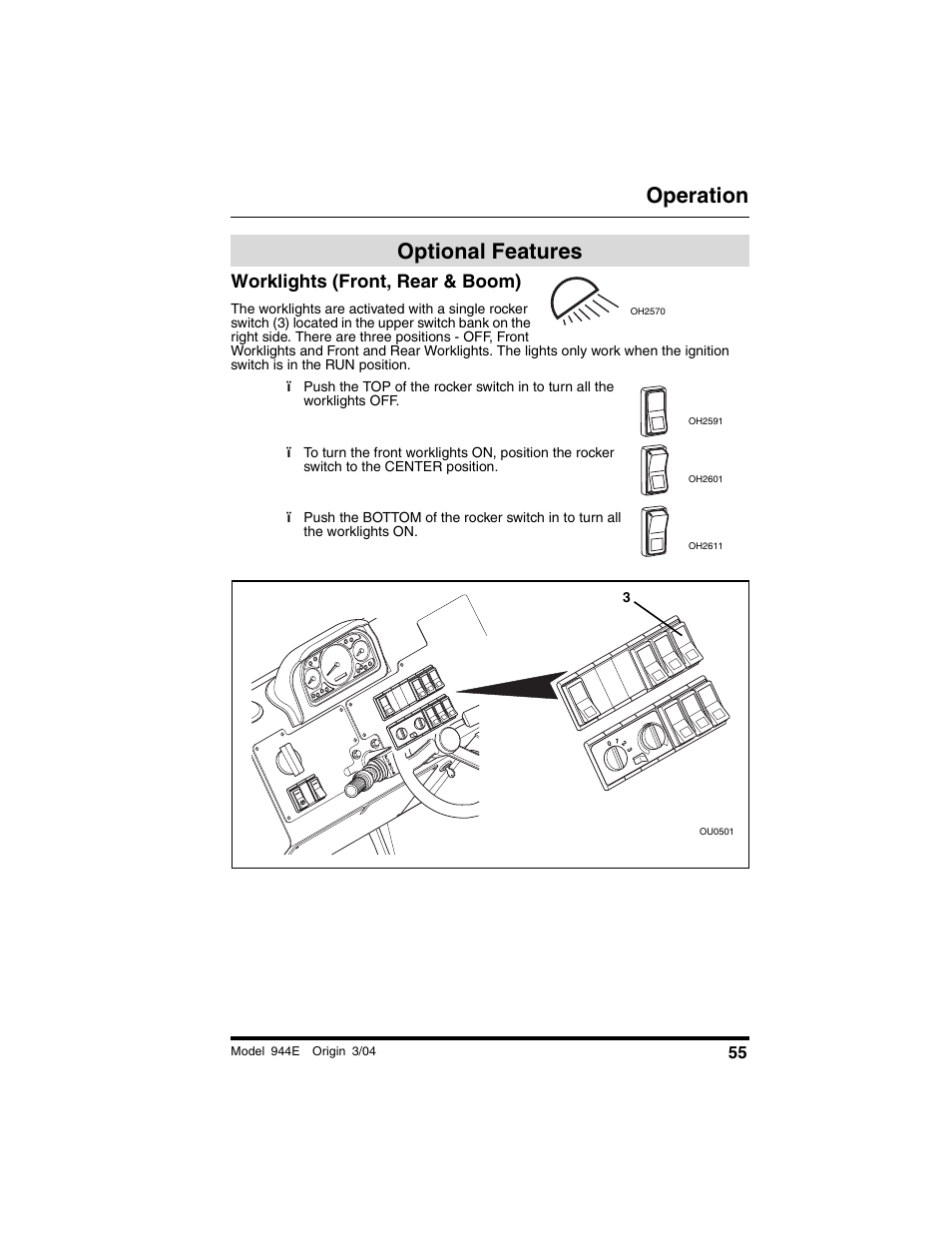 Optional features, Worklights (front, rear & boom), Operation | Lull 944E-42 Operation Manual User Manual | Page 57 / 200