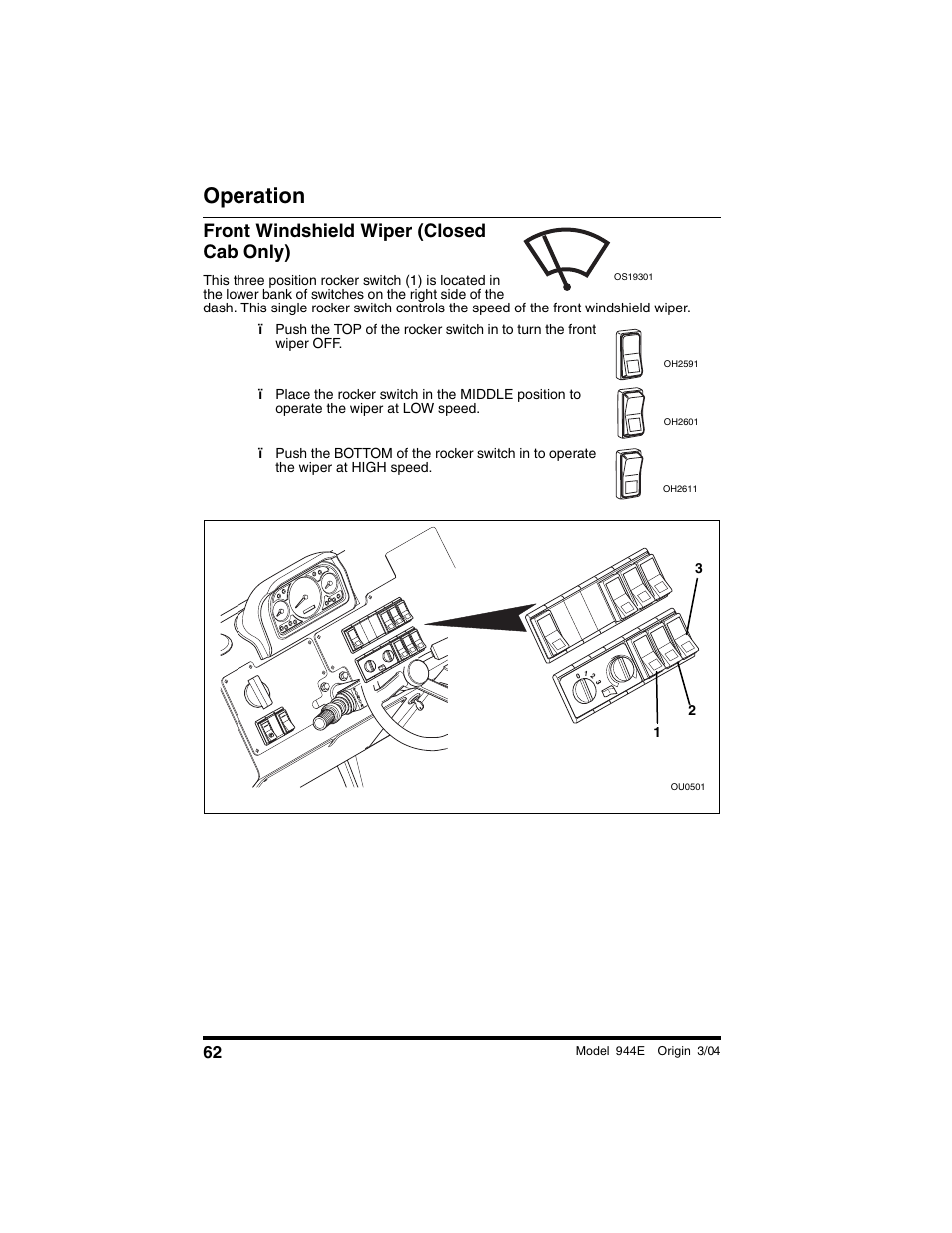 Front windshield wiper (closed cab only), Operation | Lull 944E-42 Operation Manual User Manual | Page 64 / 200