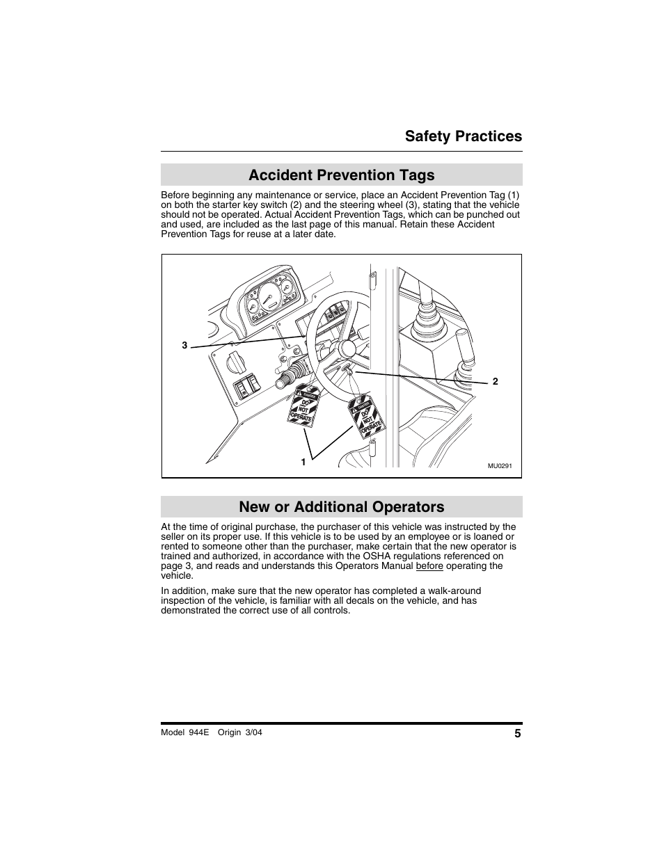 Accident prevention tags, New or additional operators, Safety practices | Lull 944E-42 Operation Manual User Manual | Page 7 / 200