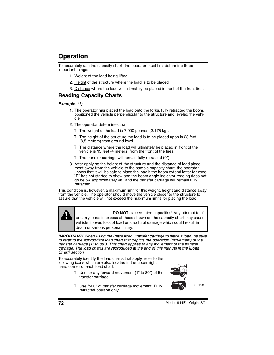 Weight of the load being lifted, Reading capacity charts, The operator determines that | Warning, Operation | Lull 944E-42 Operation Manual User Manual | Page 74 / 200