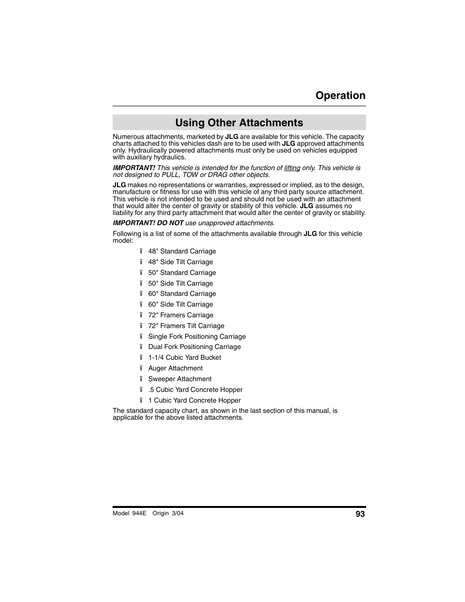 Using other attachments, Operation | Lull 944E-42 Operation Manual User Manual | Page 95 / 200