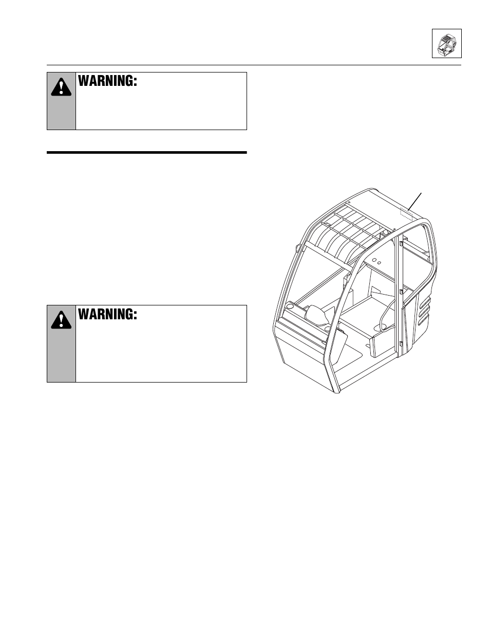 Operator’s cab, Operator’s cab description, Serial number decal | Warning | Lull 944E-42 Service Manual User Manual | Page 107 / 846