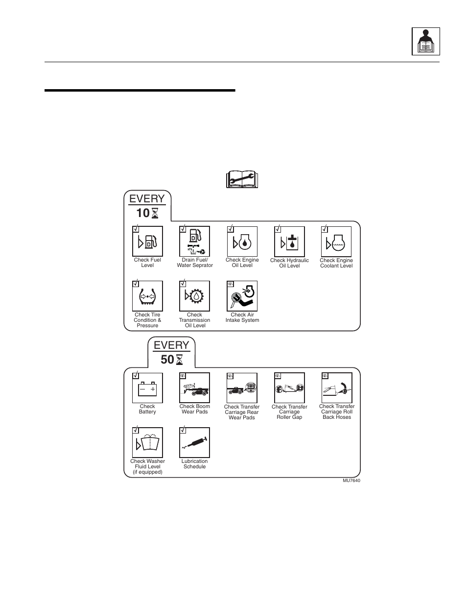 5 service and maintenance schedules, 1 10 & 50 hour, Service and maintenance schedules | 10 & 50 hour, Every, General information and specifications | Lull 944E-42 Service Manual User Manual | Page 27 / 266