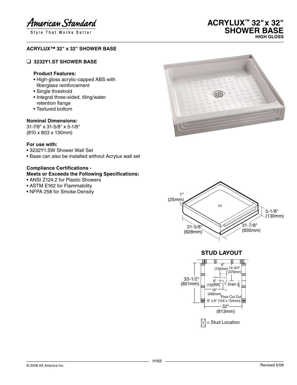 American Standard Acrylux 32"x 32" 3232Y1.ST User Manual | 1 page
