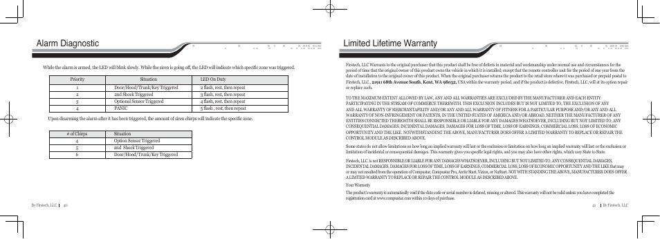 Limited lifetime warranty alarm diagnostic | CompuSTAR RF-P2W901-SS (Remote 2W901R-SS) User Manual | Page 21 / 22
